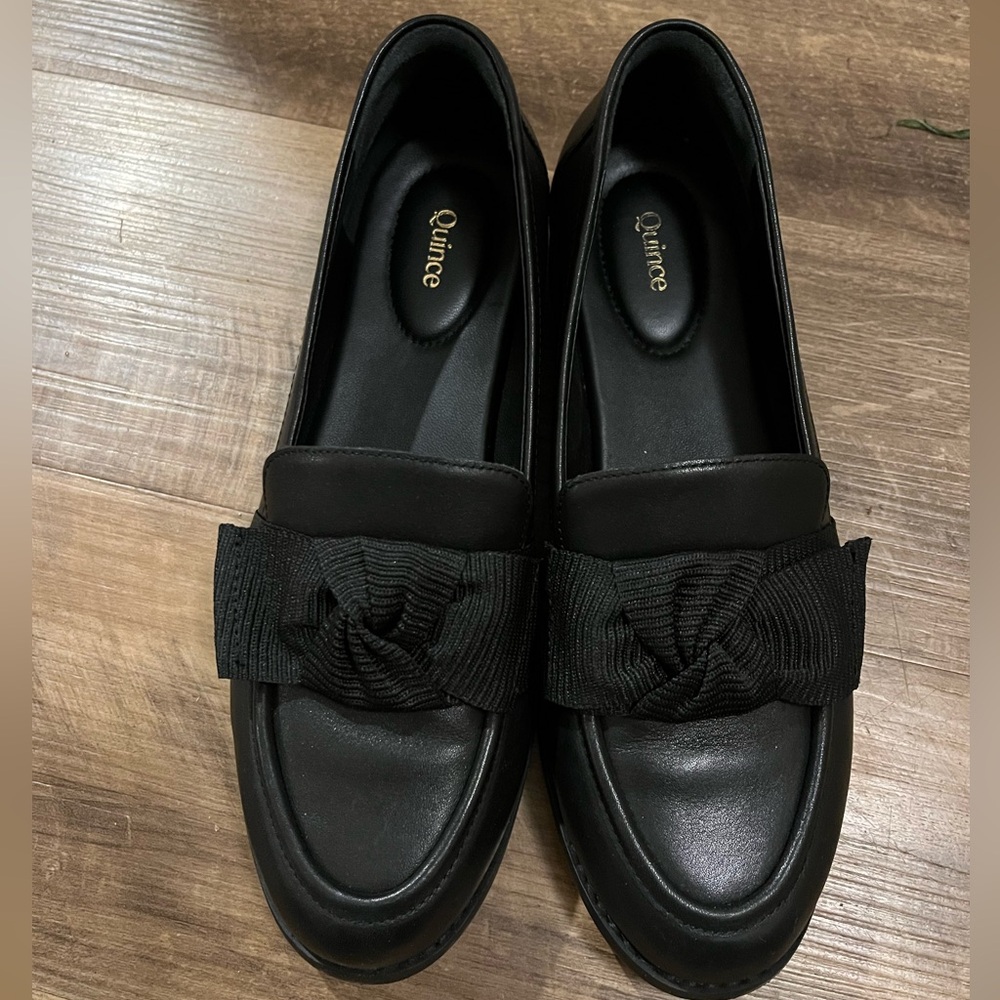 Quince Italian Leather Bow Penny Loafer Black Shoes 8 - Picture 4 of 4